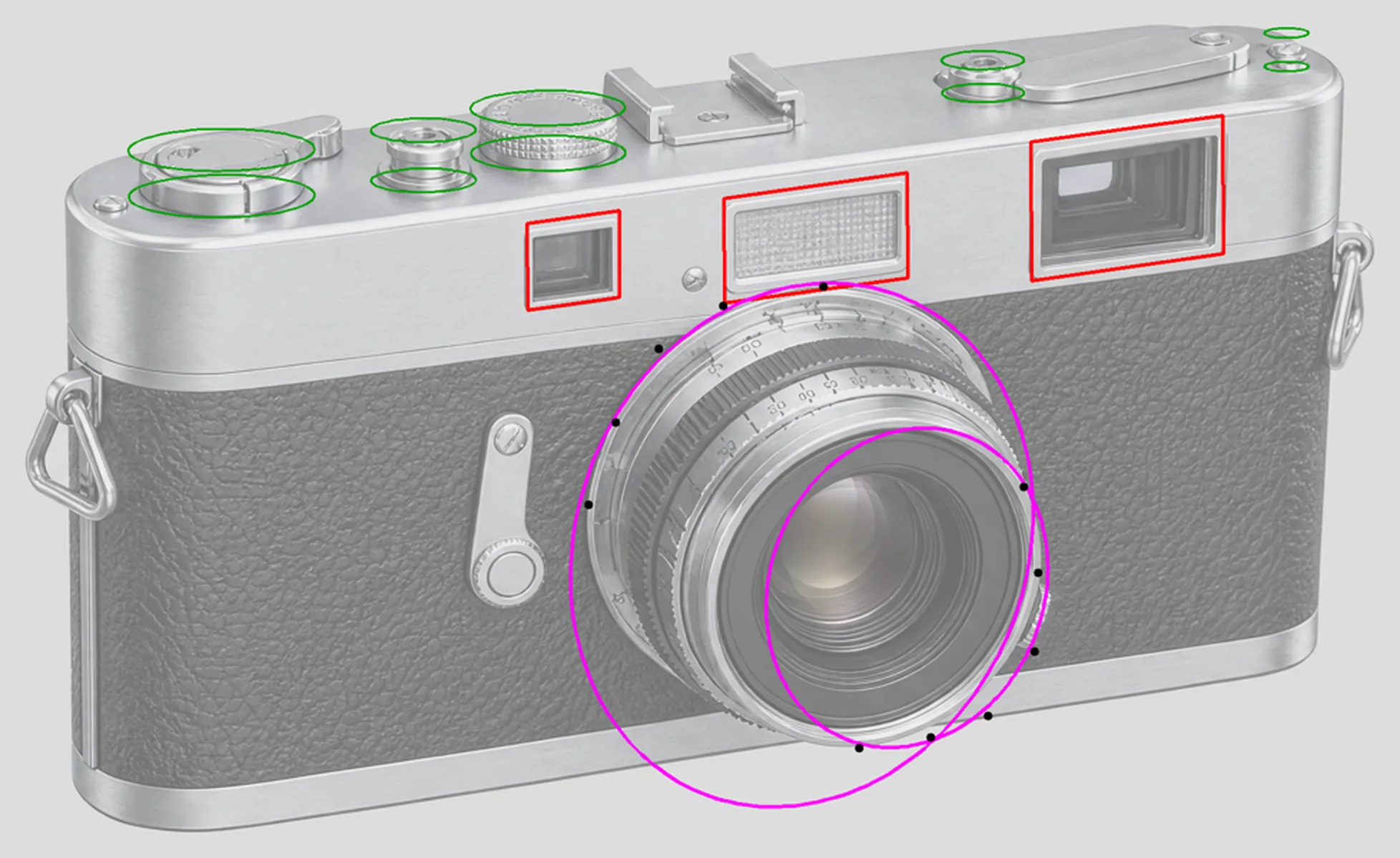Windows, controls and lens rings back-projected over the concept