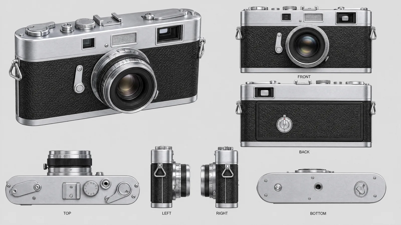 One generated sheet: a three-quarter hero and six orthographic views of the rangefinder
