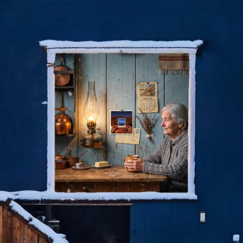 The kitchen, seen through the cottage's window